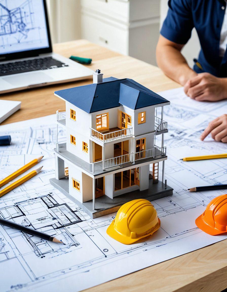 An architect's desk featuring blueprints, a scale model of a modern house, and various drafting tools; in the background, a partially built dream house is visible with construction workers working. super-realistic. vibrant colors. white background.