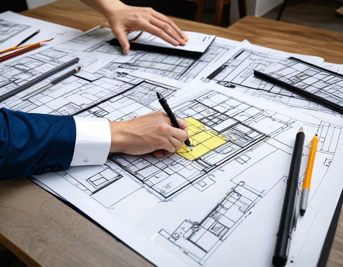 An artistic depiction of a collection of custom house plans laid out on a drafting table, showcasing various Blueprints, floor plans, and 3D models of modern homes. A designer’s hand holding a pencil, thoughtfully sketching new ideas, with sample materials and swatches around. Bright, inspiring atmosphere with a sense of creativity and innovation. super-realistic. vibrant colors.