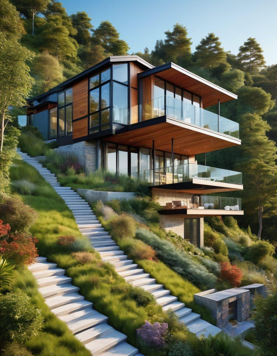 A stunning modern house with a mix of glass, steel, and wood elements, set in a picturesque hillside. Highlight architectural plans with sketches and blueprints flowing around the house, showcasing unique designs. Include lush greenery and a serene sky in the background. super-realistic. vibrant colors.